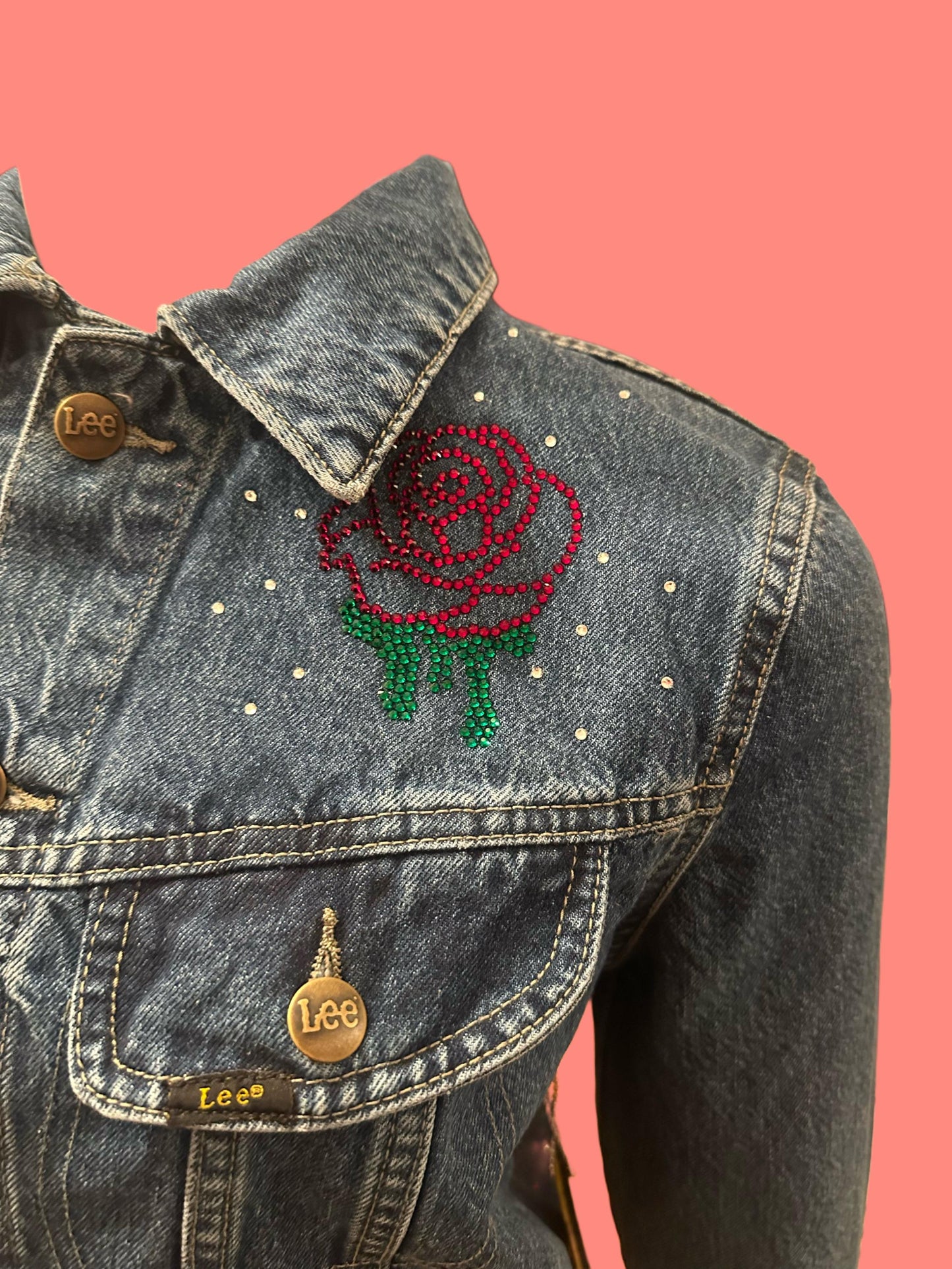 Unique Rose & Studded Denim Jacket, Size Small, Custom Designed Mesh Panel, One-of-a-Kind bridal jacket, spring outfit, streetwear fit