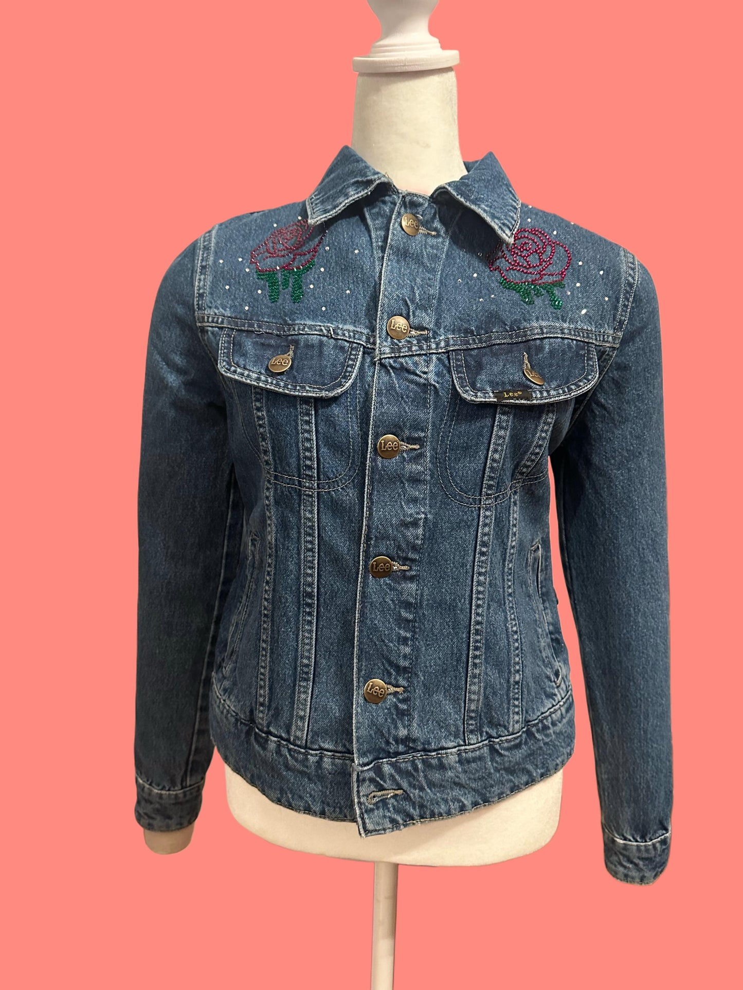 Unique Rose & Studded Denim Jacket, Size Small, Custom Designed Mesh Panel, One-of-a-Kind bridal jacket, spring outfit, streetwear fit