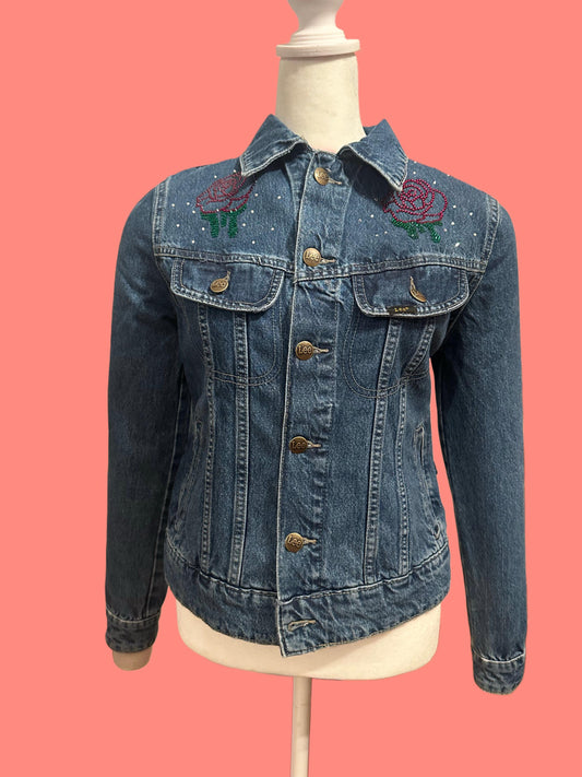 Unique Rose & Studded Denim Jacket, Size Small, Custom Designed Mesh Panel, One-of-a-Kind bridal jacket, spring outfit, streetwear fit