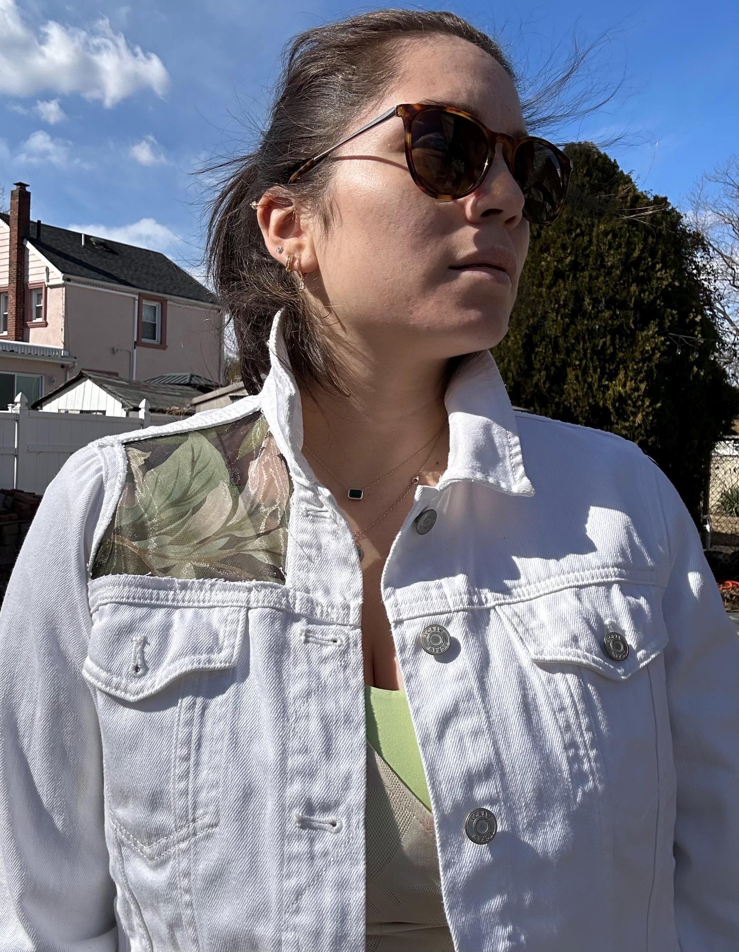 J. Crew white denim jacket XL Reworked with floral panels - one of one item!