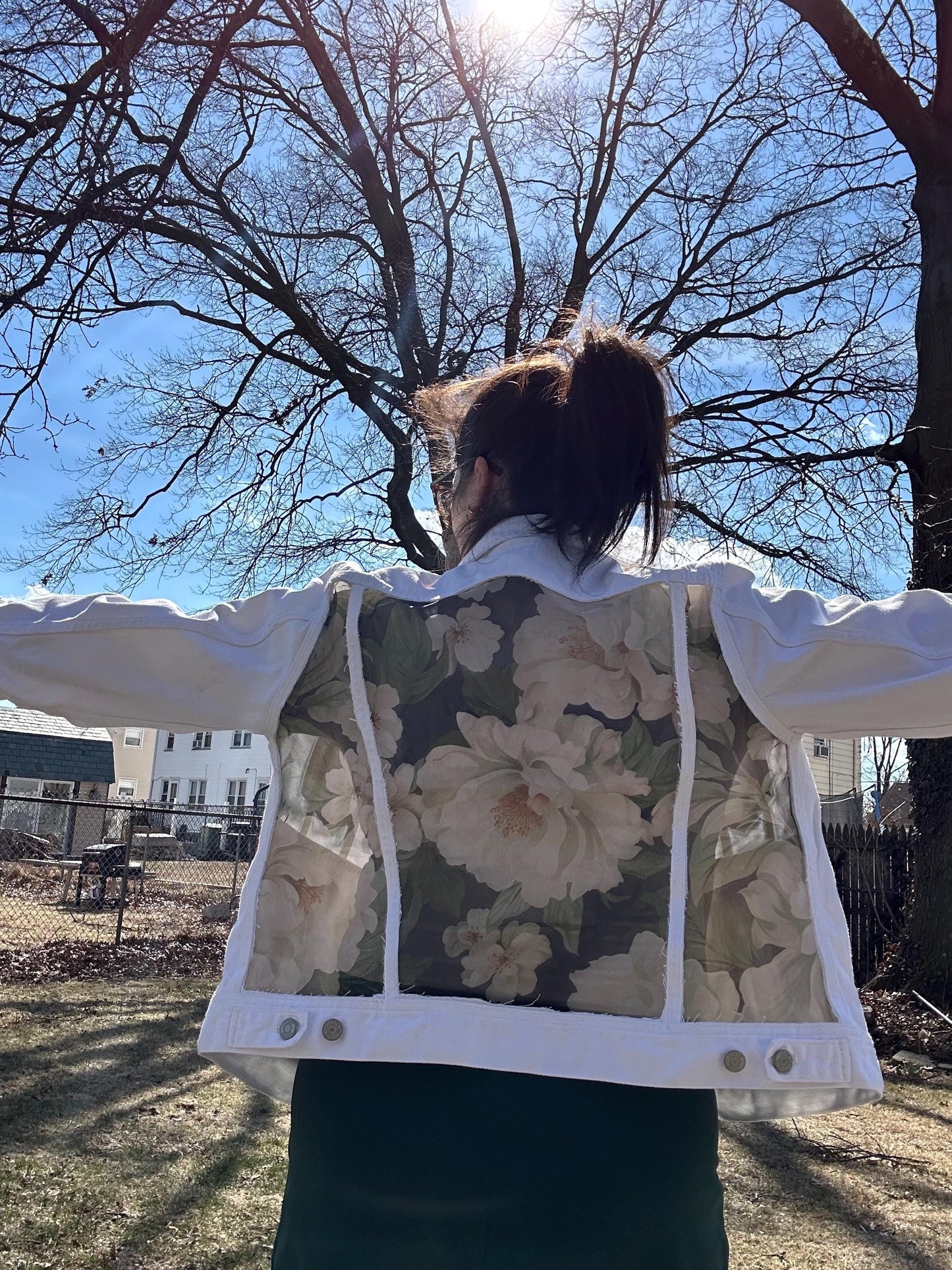J. Crew white denim jacket XL Reworked with floral panels - one of one item!