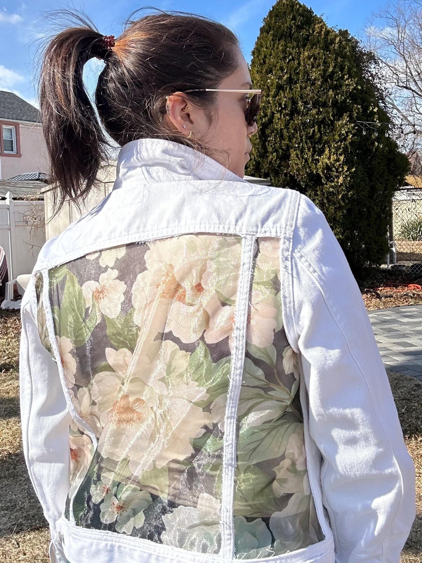 J. Crew white denim jacket XL Reworked with floral panels - one of one item!