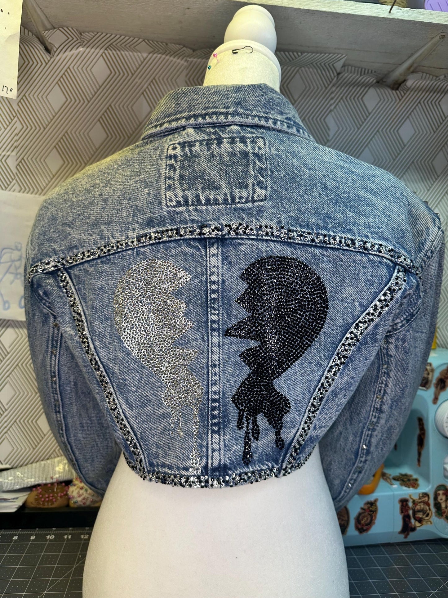 Ultra cropped shrug denim jacket, heart breaker design bedazzled size L