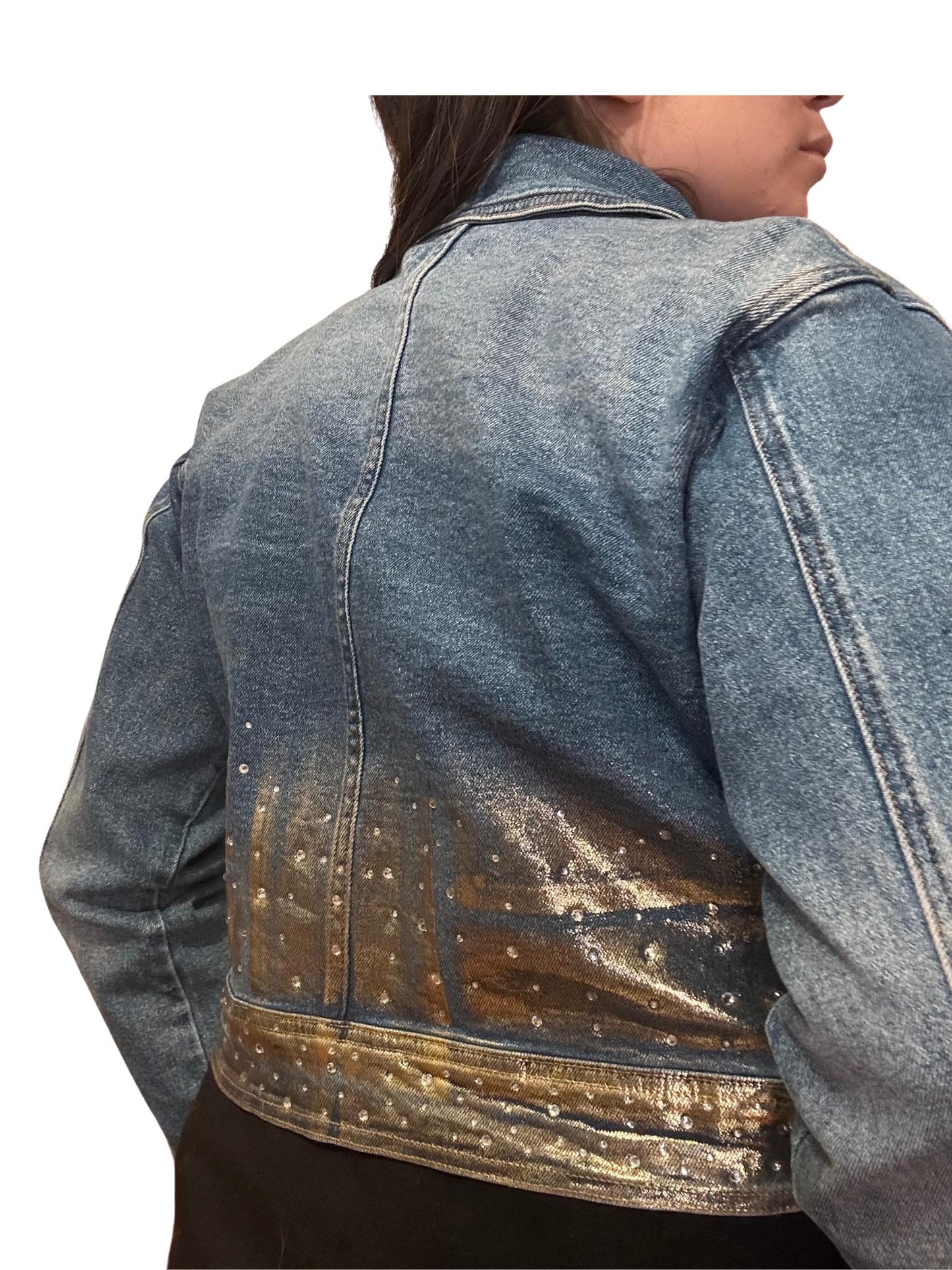 Gold painted Rhinestone Bedazzled Jean Jacket size small