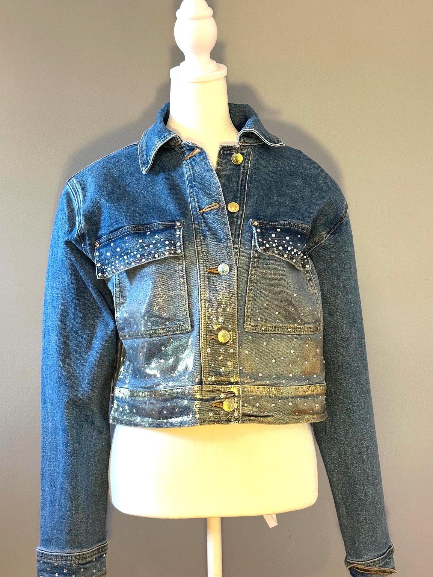 Gold painted Rhinestone Bedazzled Jean Jacket size small