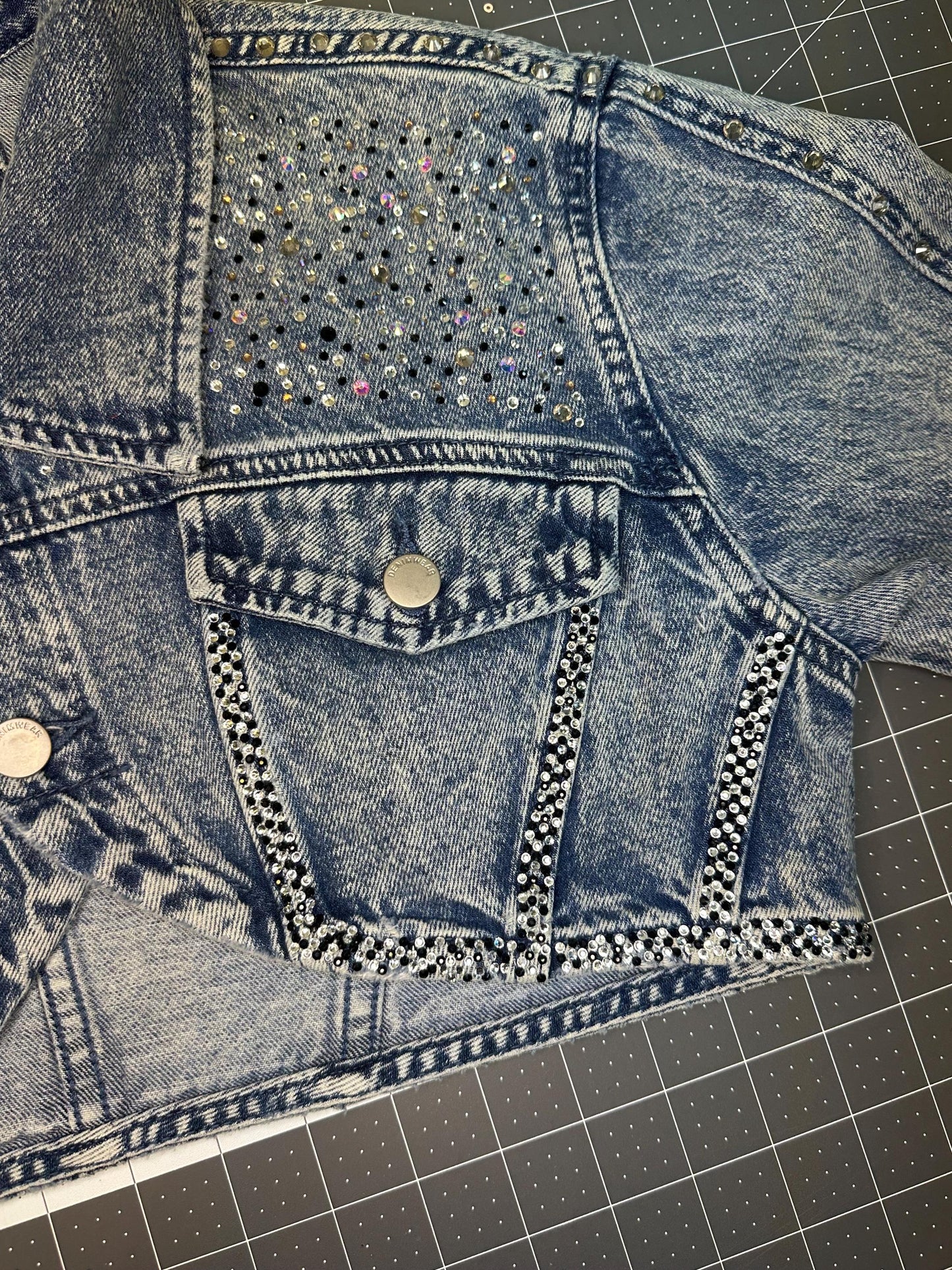 Ultra cropped shrug denim jacket, heart breaker design bedazzled size L