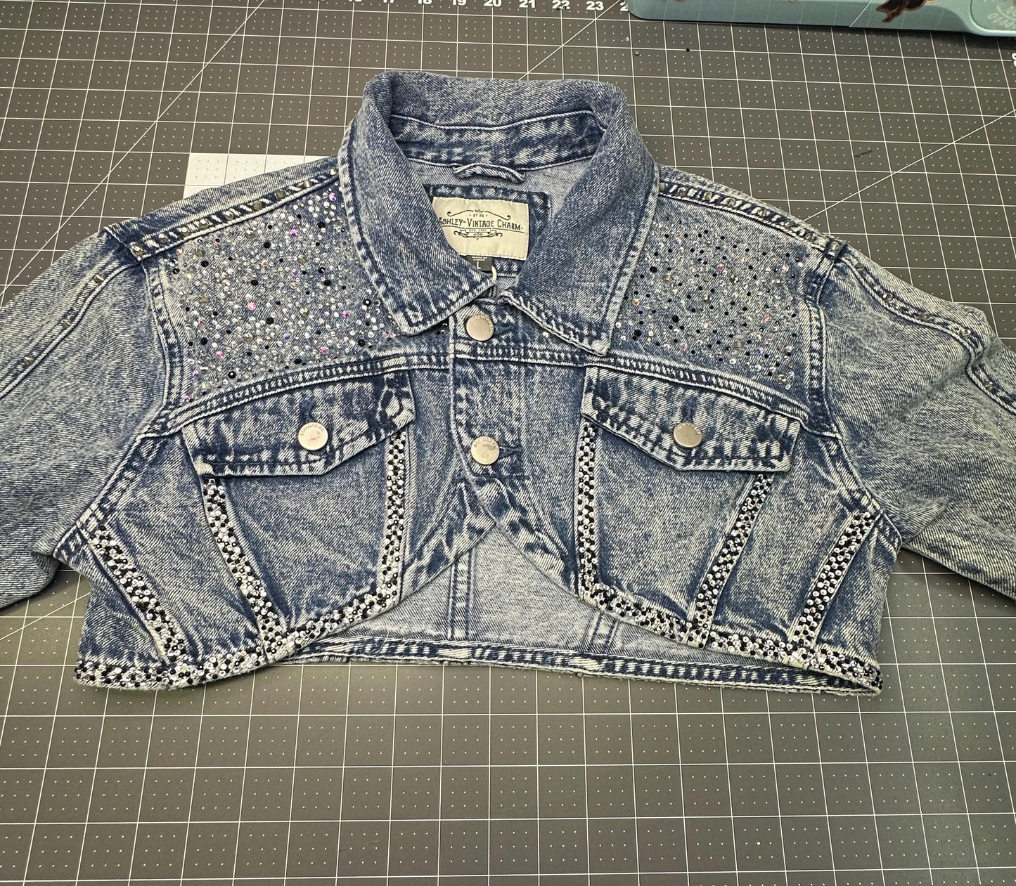 Ultra cropped shrug denim jacket, heart breaker design bedazzled size L