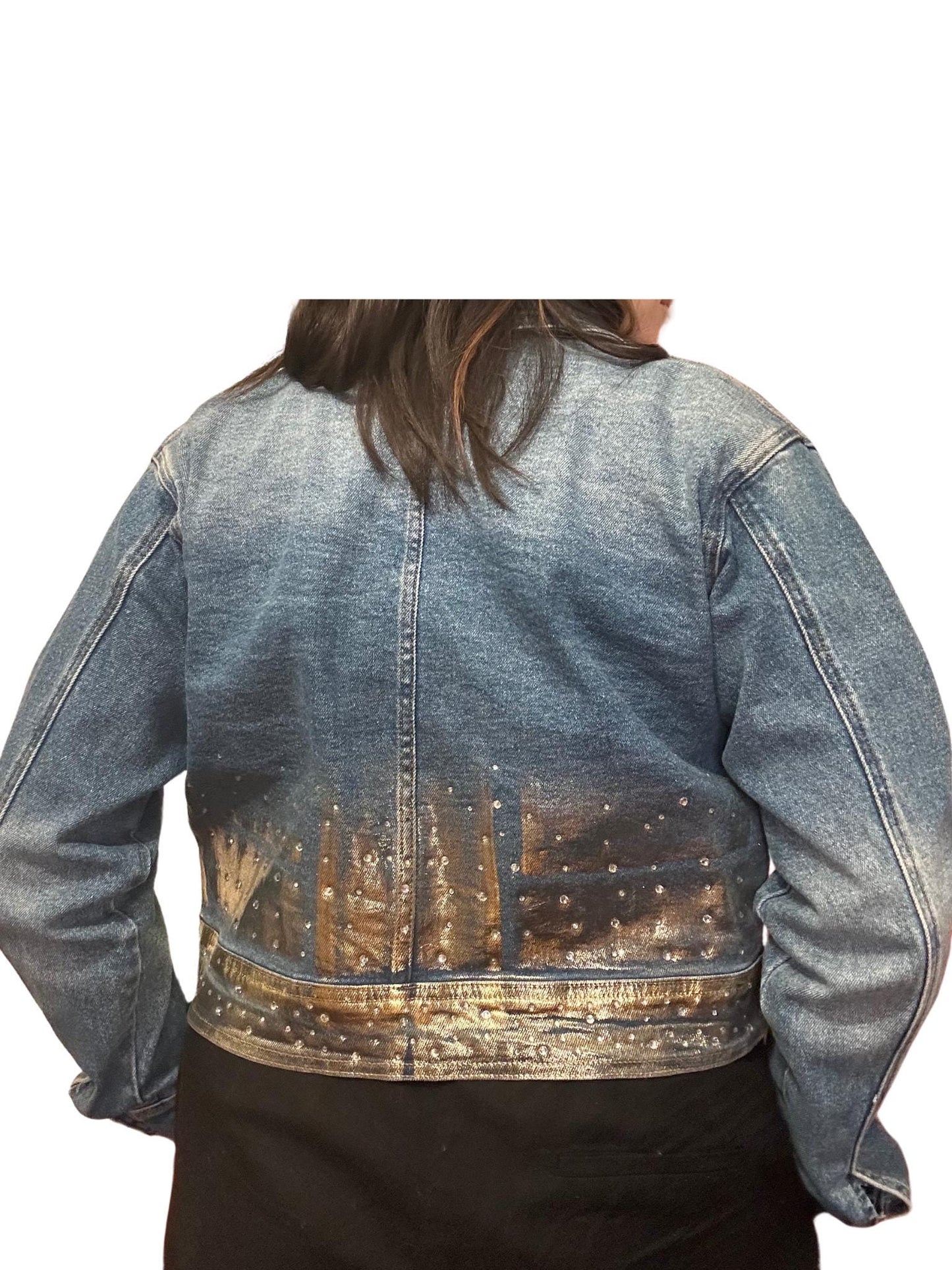 Gold painted Rhinestone Bedazzled Jean Jacket size small