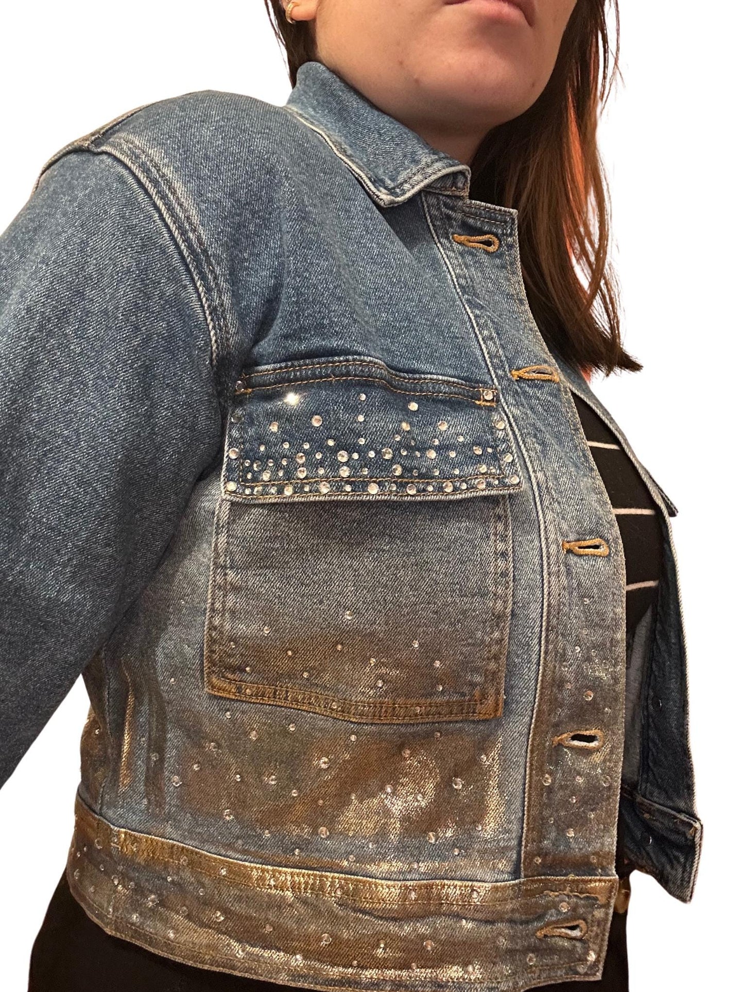 Gold painted Rhinestone Bedazzled Jean Jacket size small