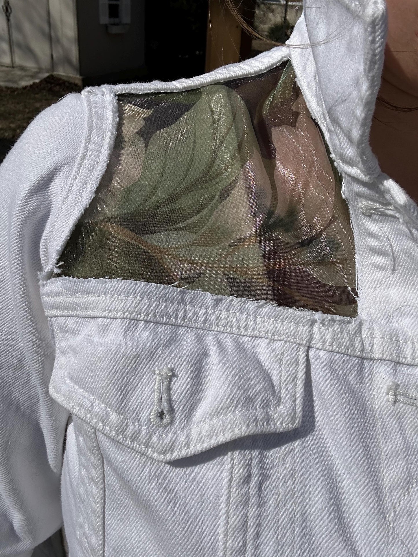 J. Crew white denim jacket XL Reworked with floral panels - one of one item!
