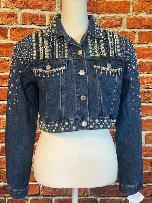 Rhinestone And Pearls Bedazzled Jean Jacket Cropped jacket size small