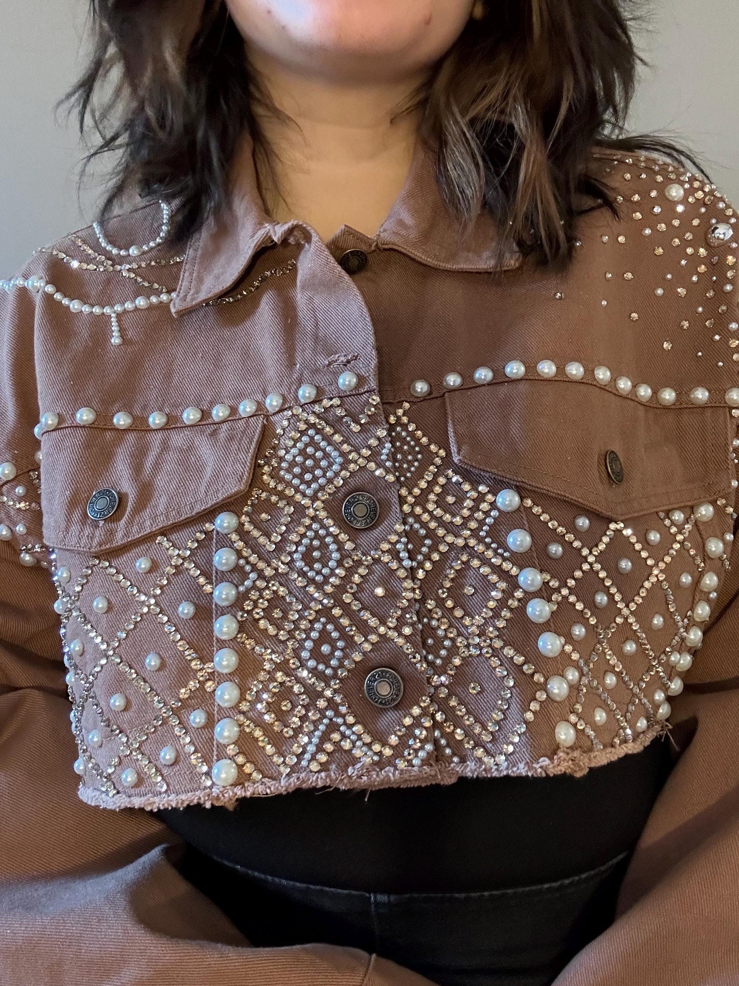 Rhinestone And Pearls Bedazzled Jean Jacket Cropped jacket size small