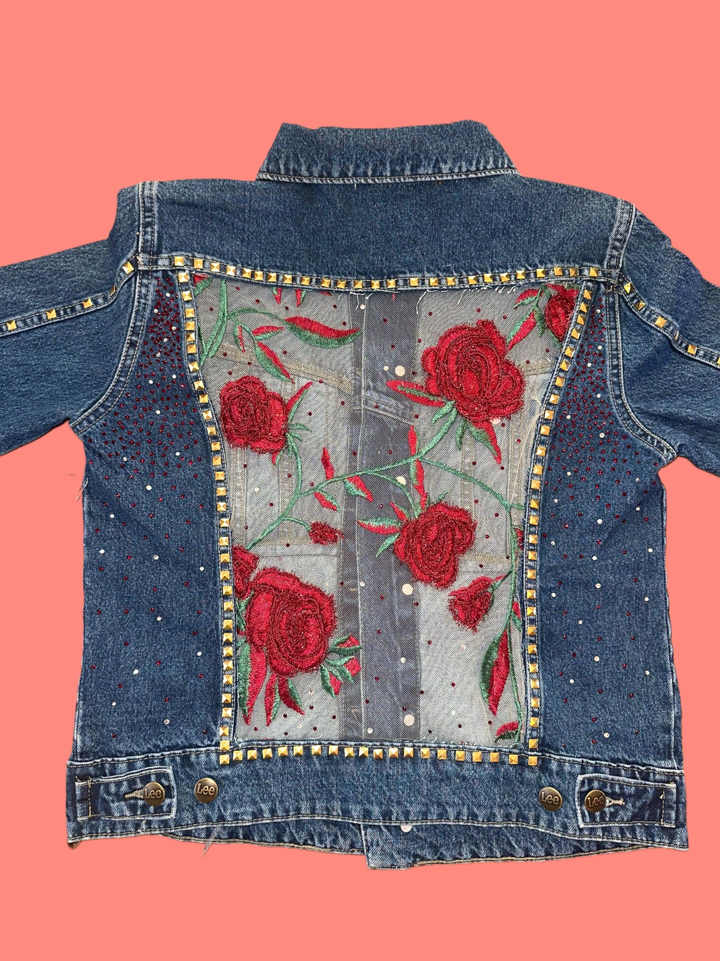 Unique Rose & Studded Denim Jacket, Size Small, Custom Designed Mesh Panel, One-of-a-Kind bridal jacket, spring outfit, streetwear fit