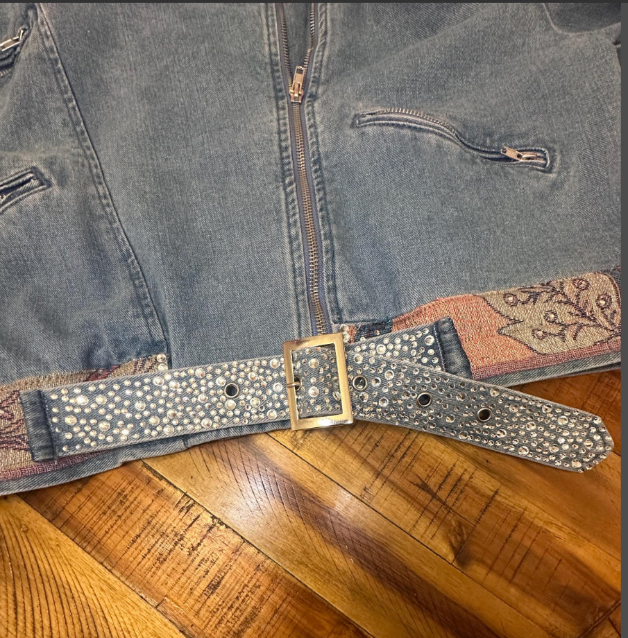 Bedazzled Jean Jacket motorcycle jacket size 1x plus size moto boho sparkly belt