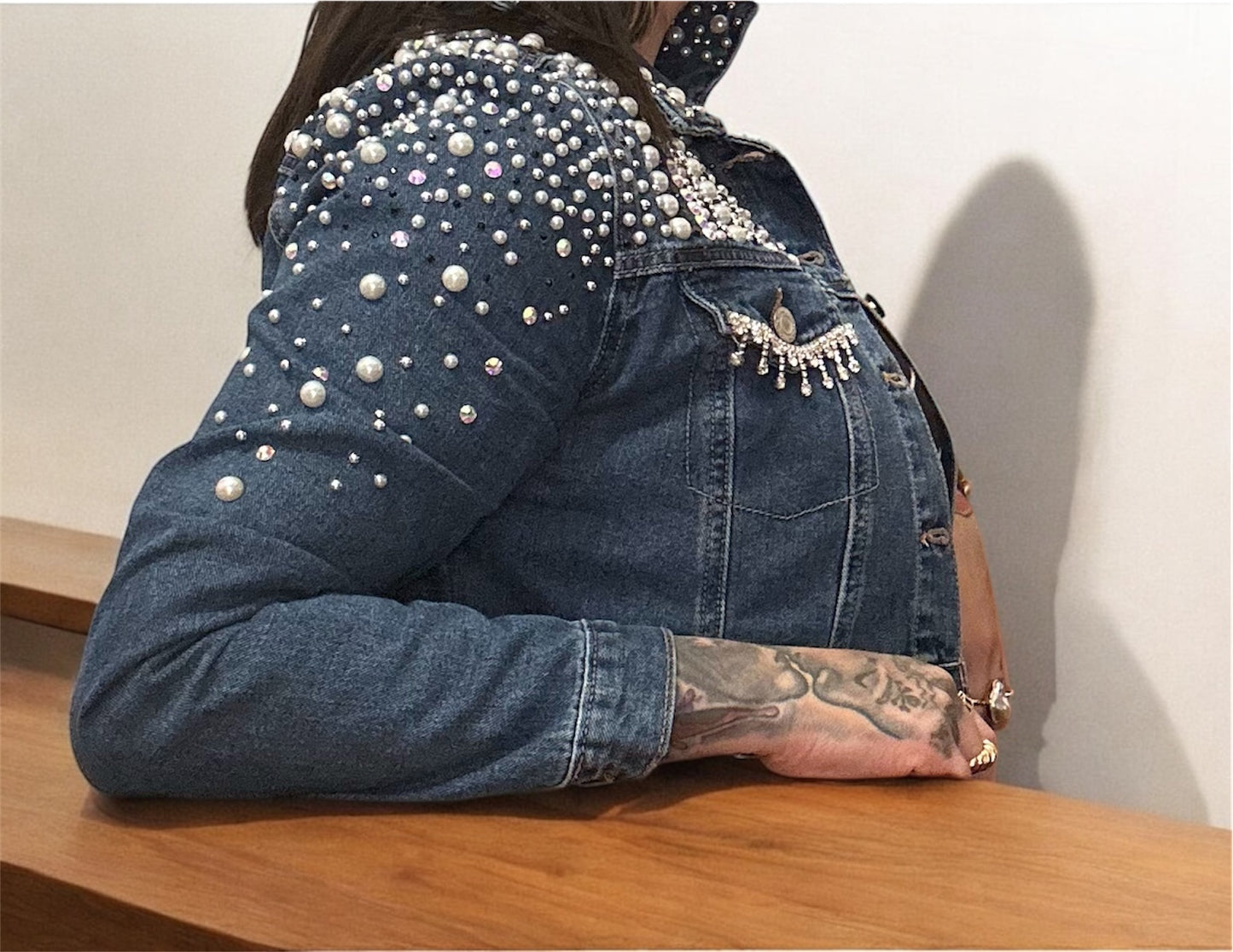 Rhinestone And Pearls Bedazzled Jean Jacket Cropped jacket size small