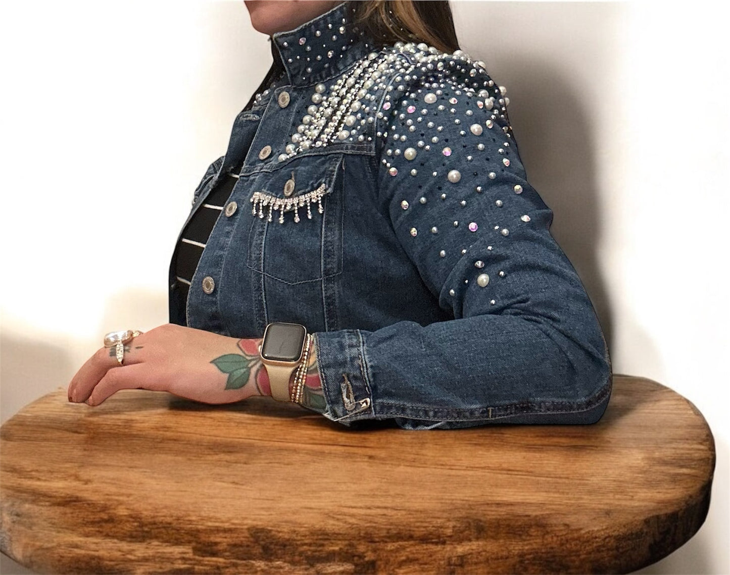 Rhinestone And Pearls Bedazzled Jean Jacket Cropped jacket size small