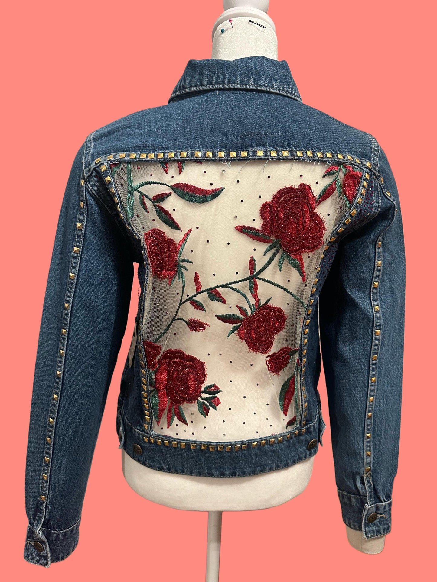 Unique Rose & Studded Denim Jacket, Size Small, Custom Designed Mesh Panel, One-of-a-Kind bridal jacket, spring outfit, streetwear fit