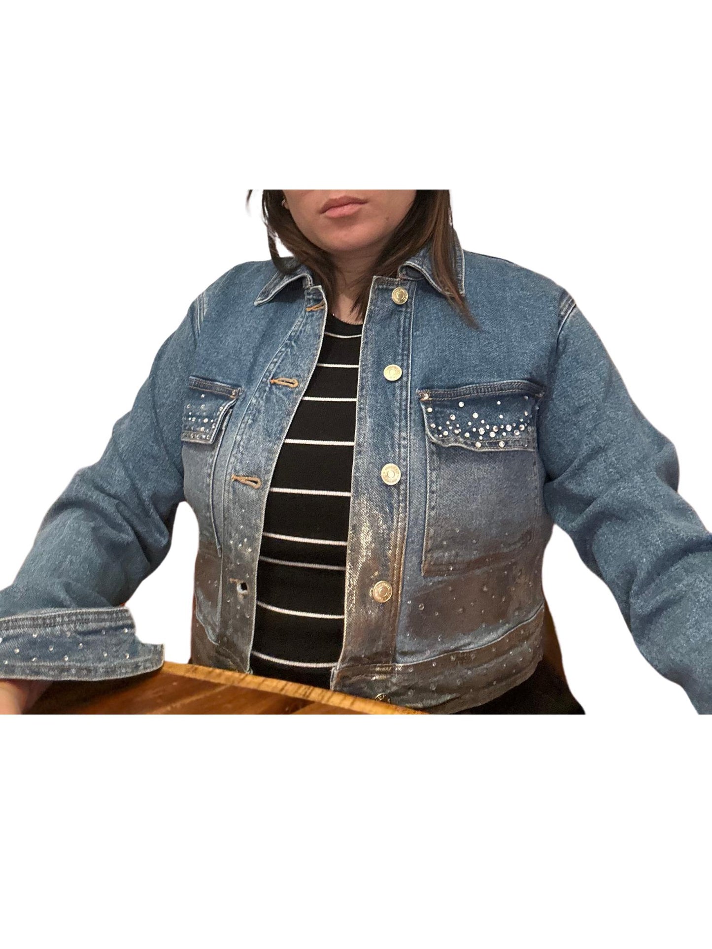 Gold painted Rhinestone Bedazzled Jean Jacket size small