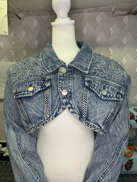 Ultra cropped shrug denim jacket, heart breaker design bedazzled size L