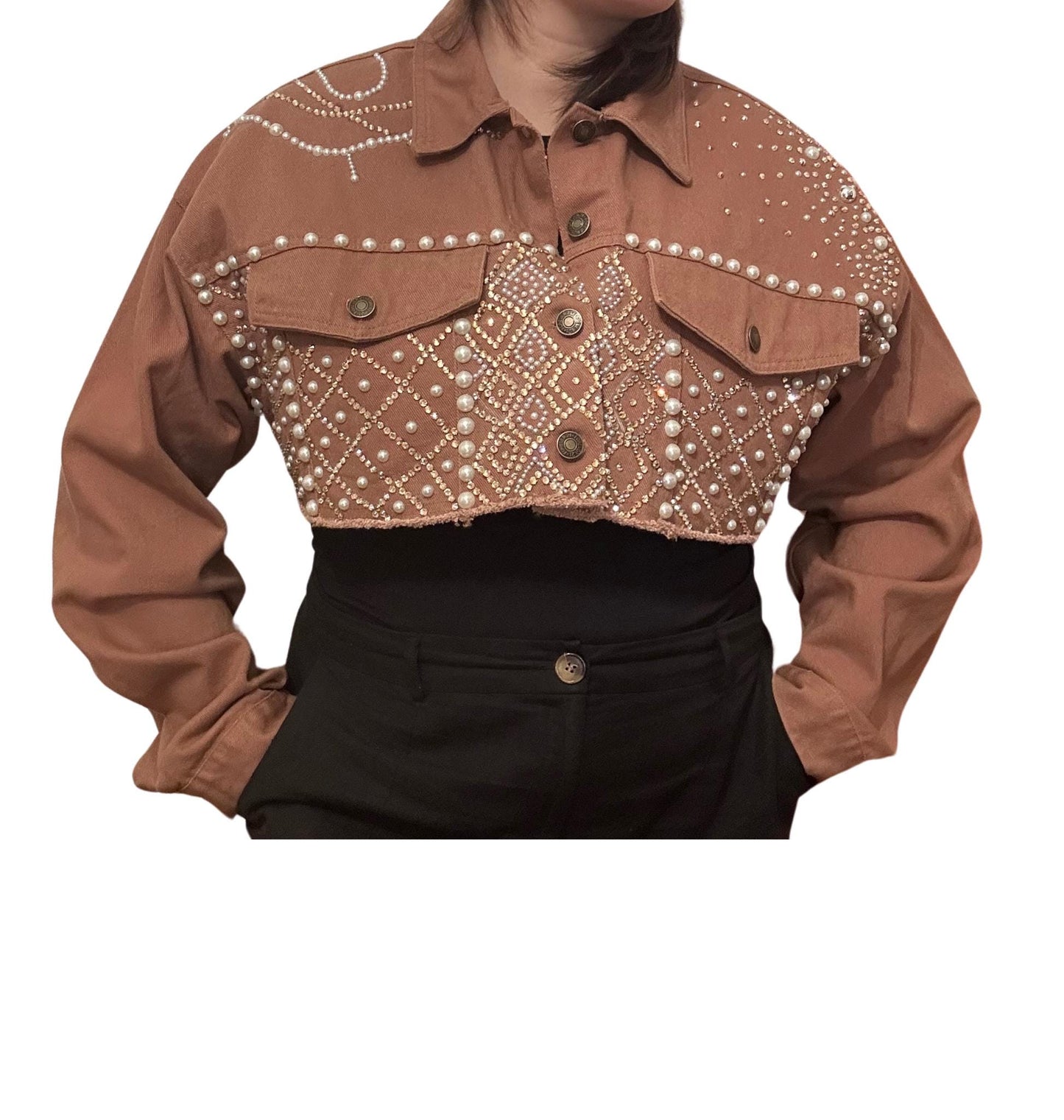 Rhinestone And Pearls Bedazzled Jean Jacket Cropped jacket size small
