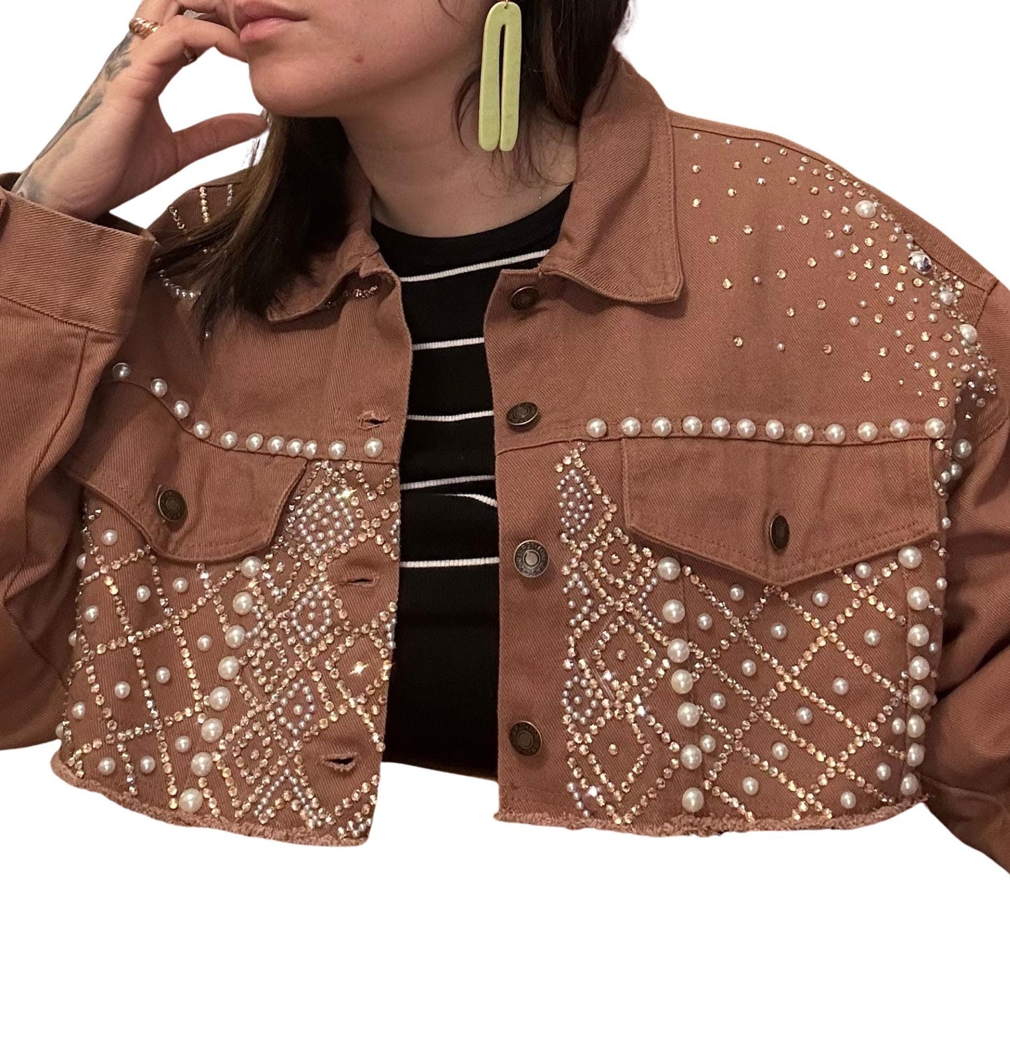 Rhinestone And Pearls Bedazzled Jean Jacket Cropped jacket size small