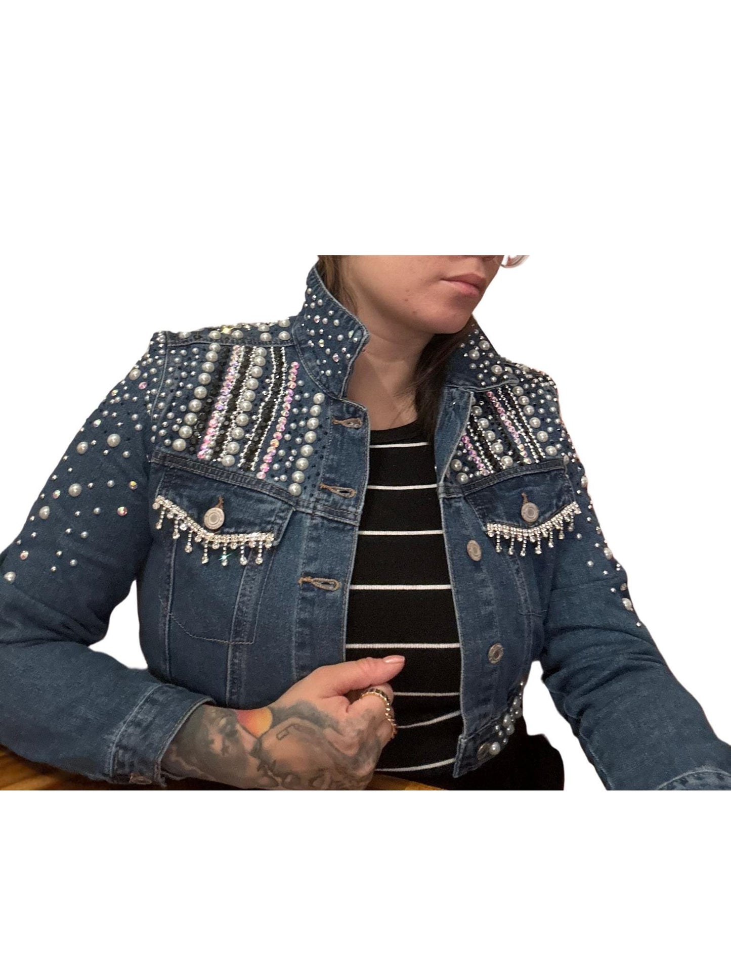 Rhinestone And Pearls Bedazzled Jean Jacket Cropped jacket size small