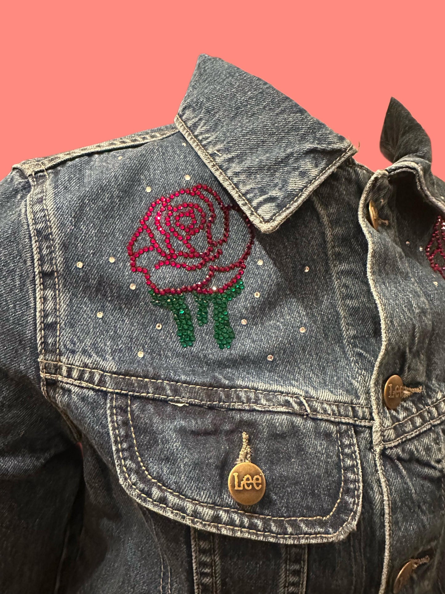 Unique Rose & Studded Denim Jacket, Size Small, Custom Designed Mesh Panel, One-of-a-Kind bridal jacket, spring outfit, streetwear fit