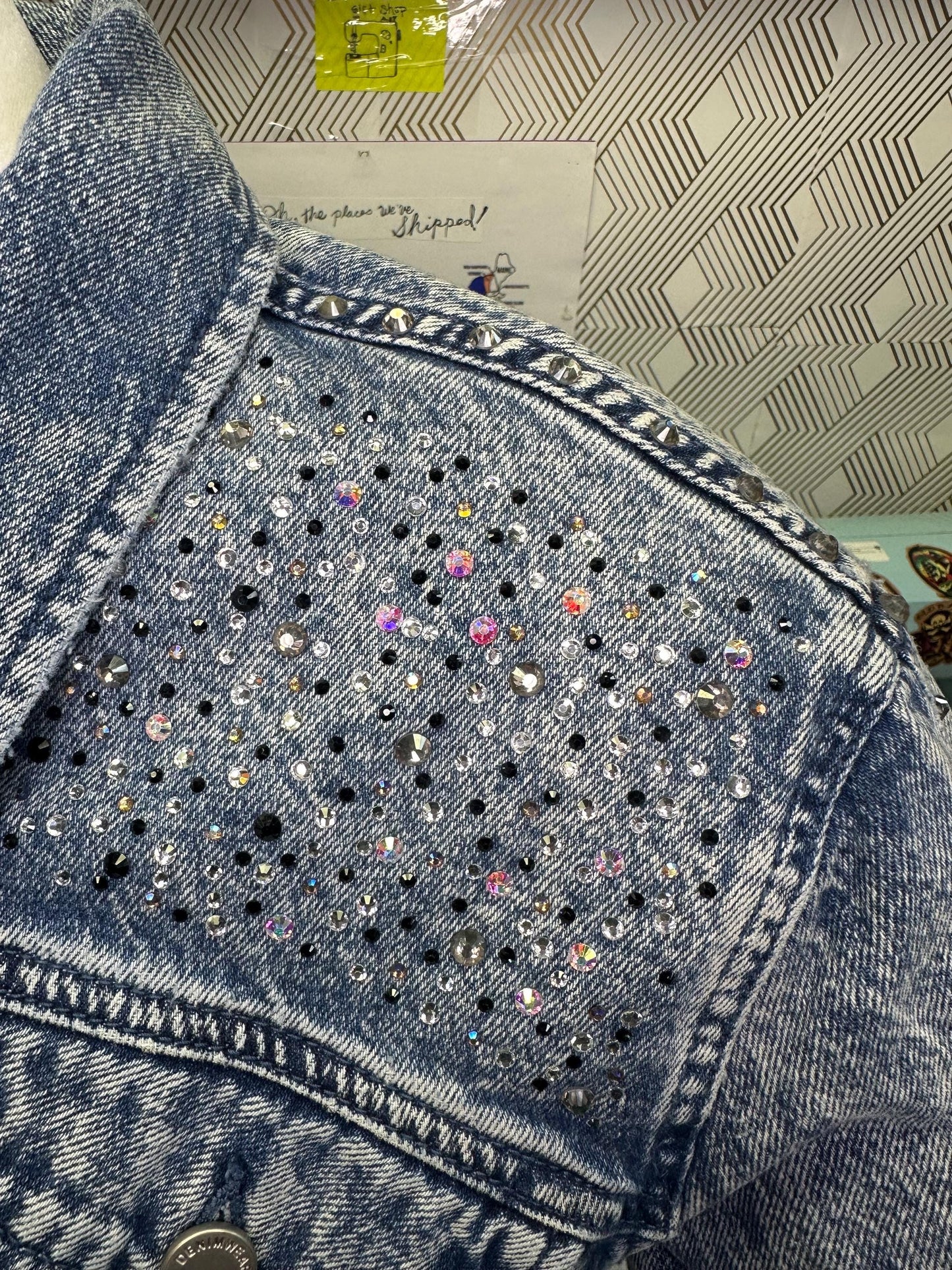Ultra cropped shrug denim jacket, heart breaker design bedazzled size L