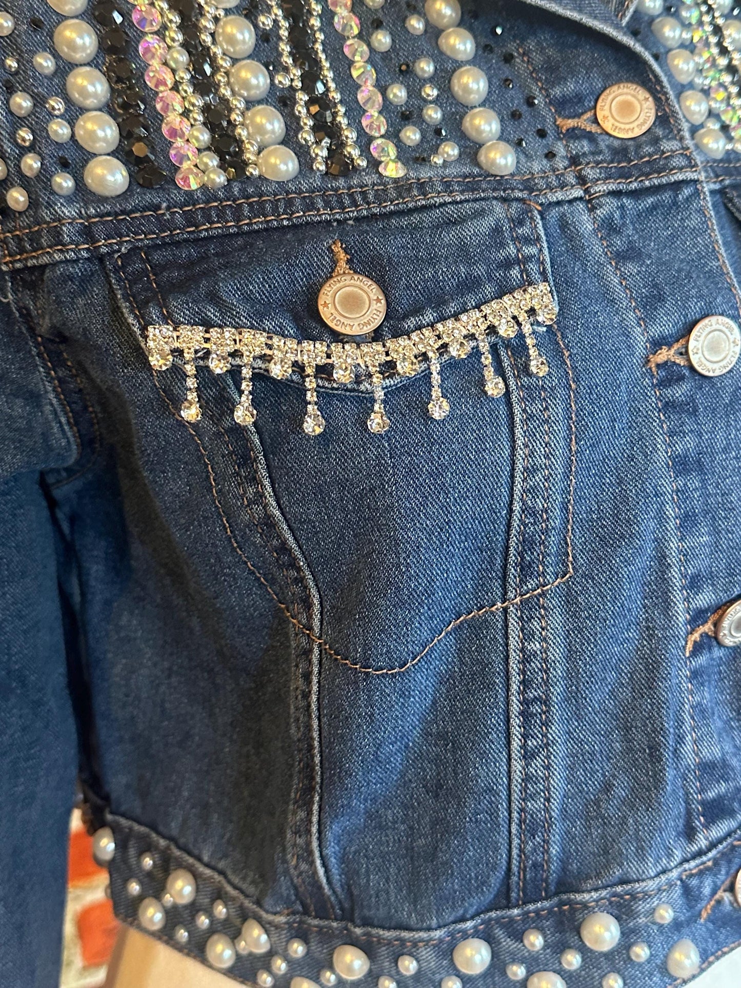 Rhinestone And Pearls Bedazzled Jean Jacket Cropped jacket size small