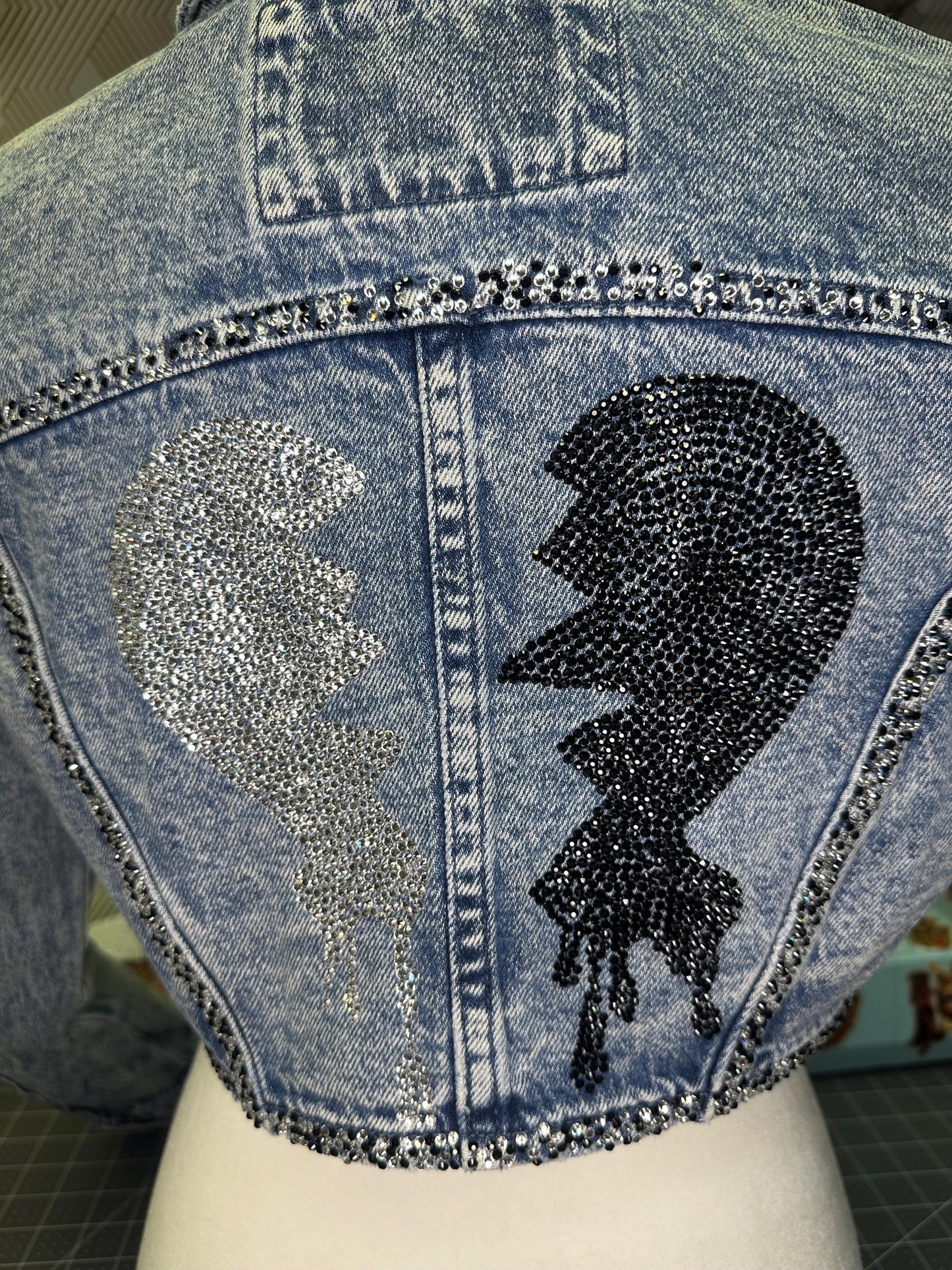 Ultra cropped shrug denim jacket, heart breaker design bedazzled size L