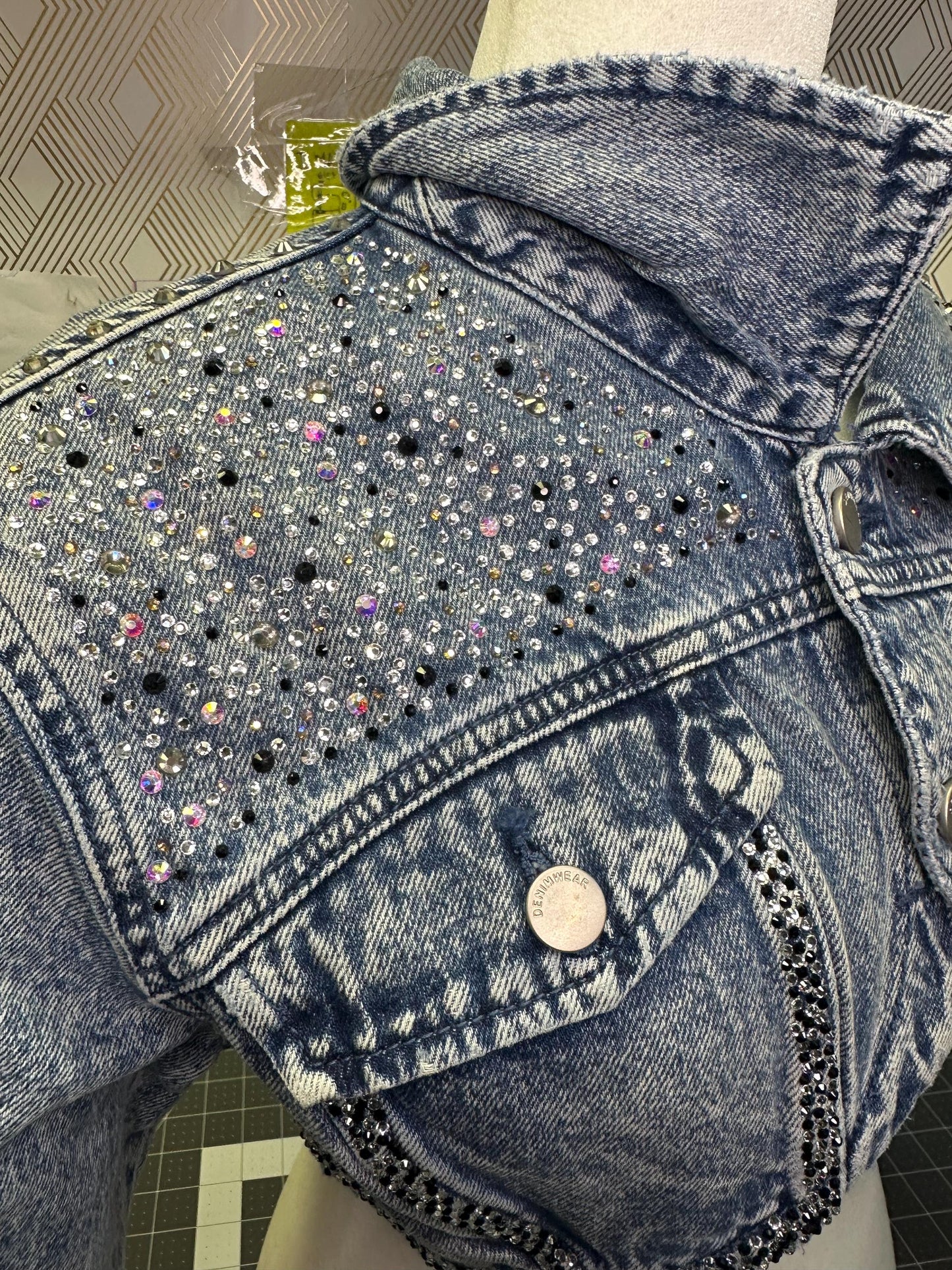 Ultra cropped shrug denim jacket, heart breaker design bedazzled size L