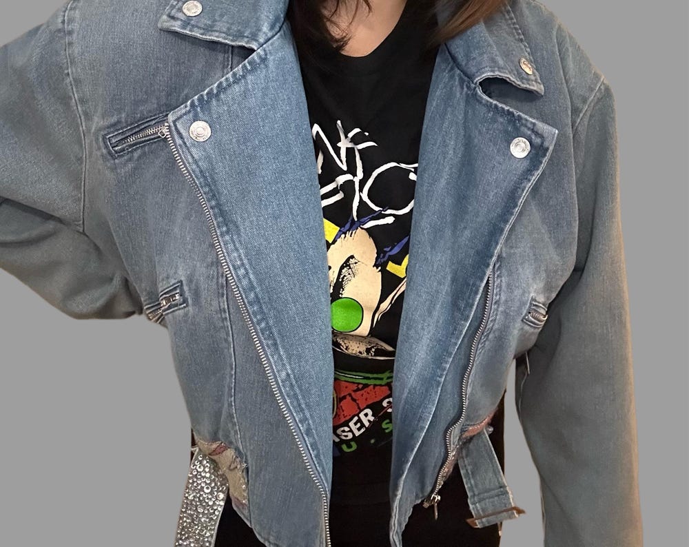Bedazzled Jean Jacket motorcycle jacket size 1x plus size moto boho sparkly belt