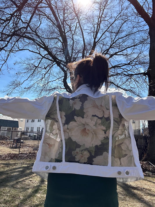 J. Crew white denim jacket XL Reworked with floral panels - one of one item!