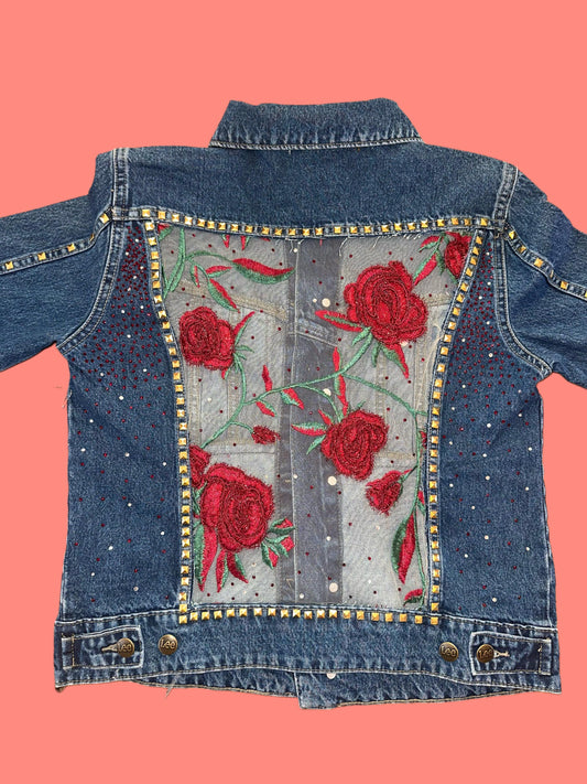 Unique Rose & Studded Denim Jacket, Size Small, Custom Designed Mesh Panel, One-of-a-Kind bridal jacket, spring outfit, streetwear fit