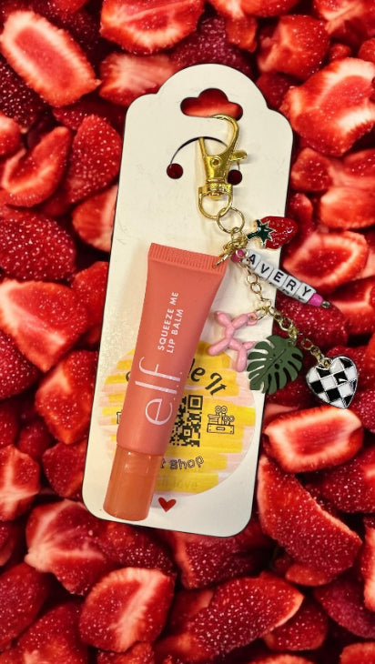 ELF strawberry (pink)  lip balm with charms and name personalization