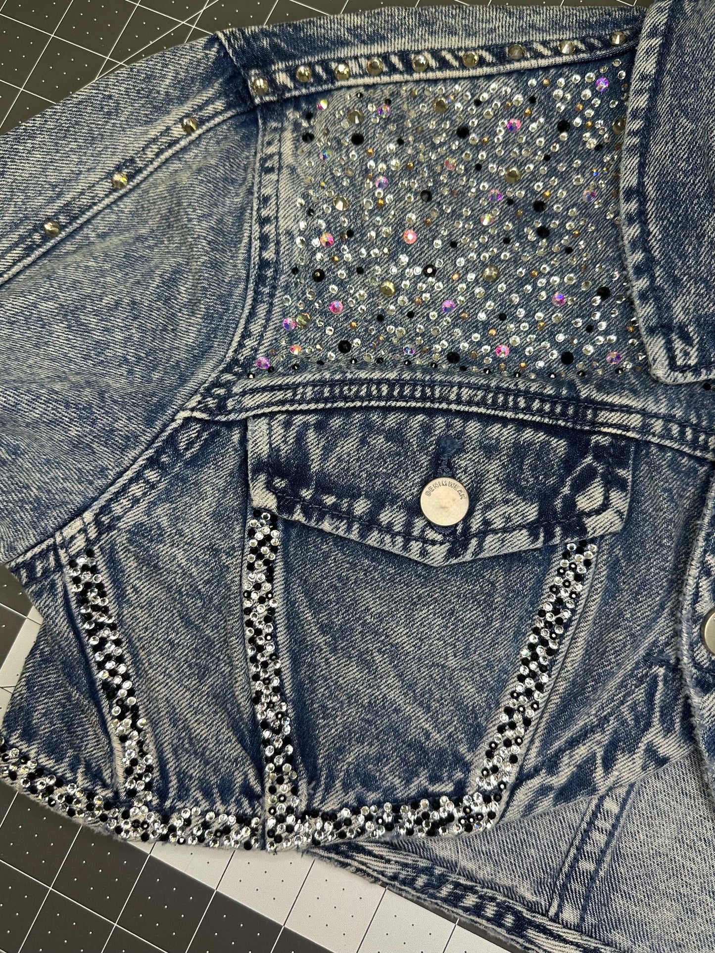 Ultra cropped shrug denim jacket, heart breaker design bedazzled size L