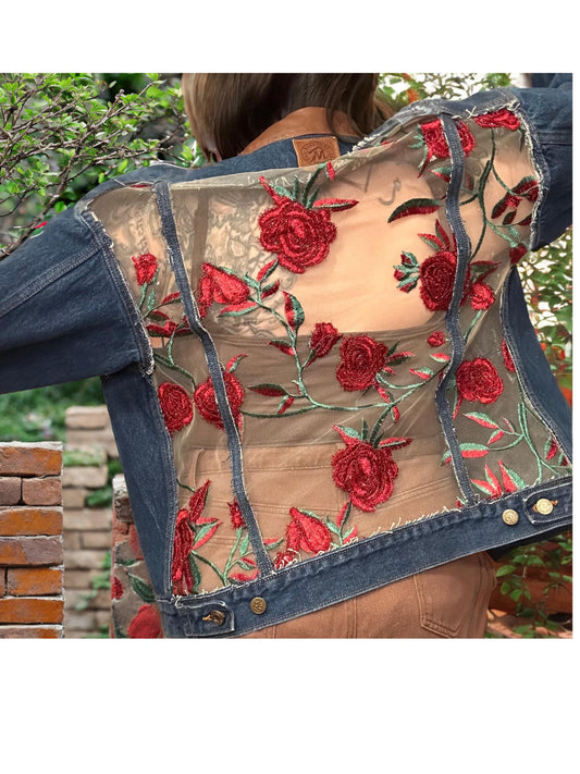 Vintage Marlboro Denim Jacket with Leather Collar & Embroidered Mesh Panels - Unisex M (Fits L) - Oversized Fit spring Jacket